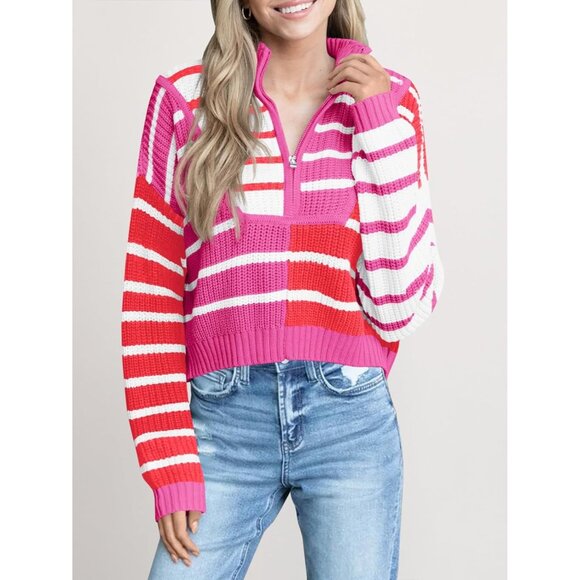 Women’s Rose Red Saodi mallsu Striped Cropped Zip Up Sweater, Color Block - Picture 3 of 6